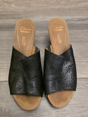 Clarks Women's Black Perforated Slip-On Sandals